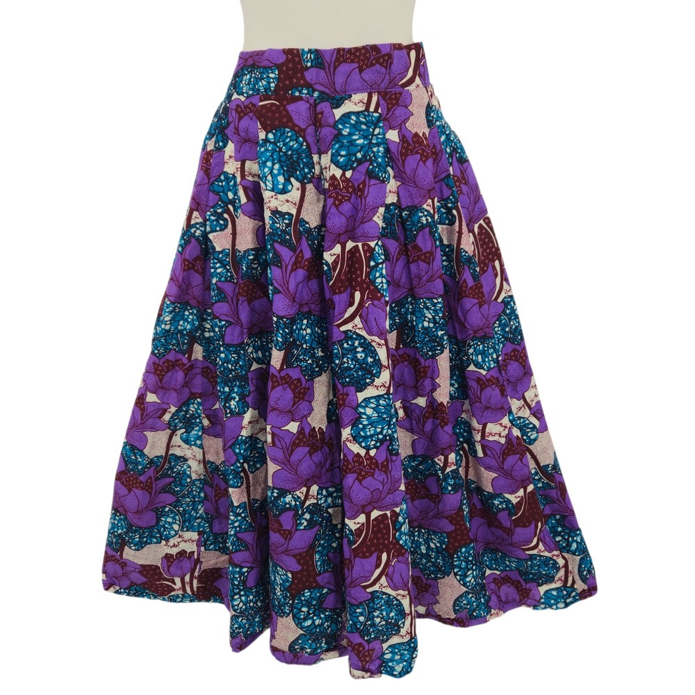 Francis + Benedict Midi Skirt Size S Purple Floral African Wax Print Art to Wear